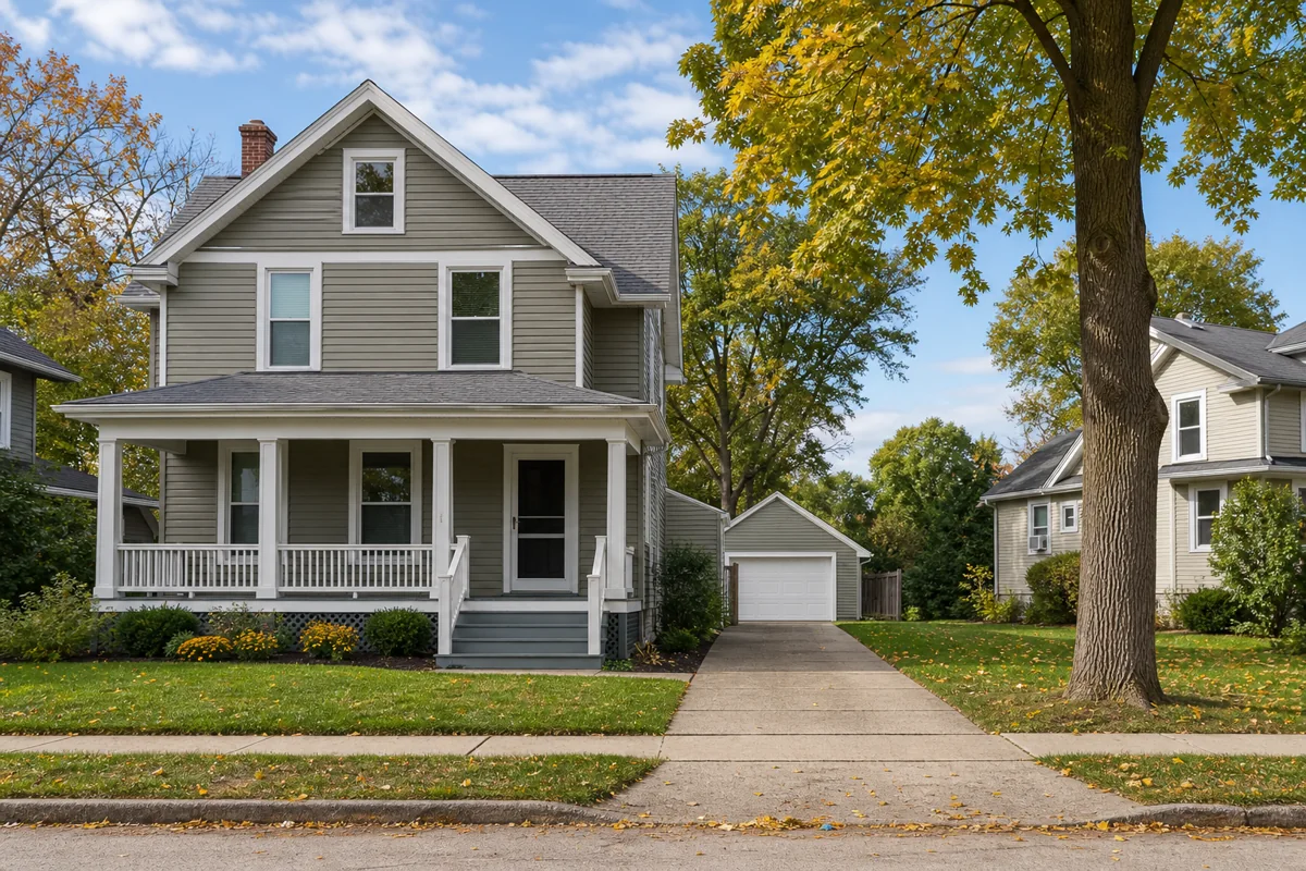 A representative two-story home with a porch, driveway, and detached garage